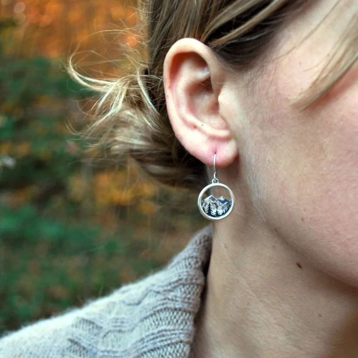 Vintage Silver Three-dimensional Round Mountain Hollow Pendant Earrings Wicca Holiday Birthday Gift