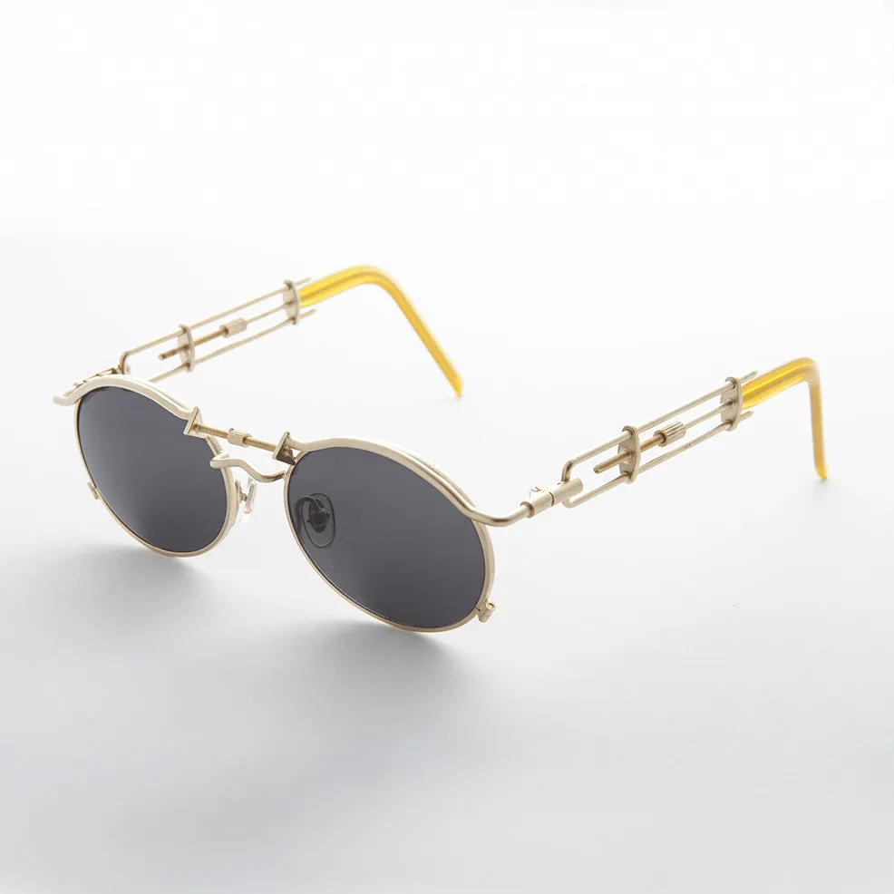 Vintage Steampunk Sunglass with Oval Lens and Intricate Temple Design - Cyrus