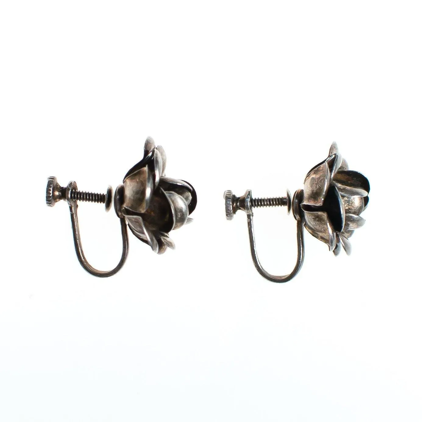 Vintage Sterling Silver Rose Earrings, Screwback