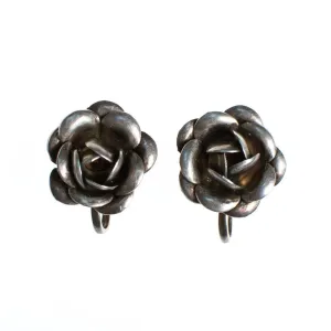Vintage Sterling Silver Rose Earrings, Screwback