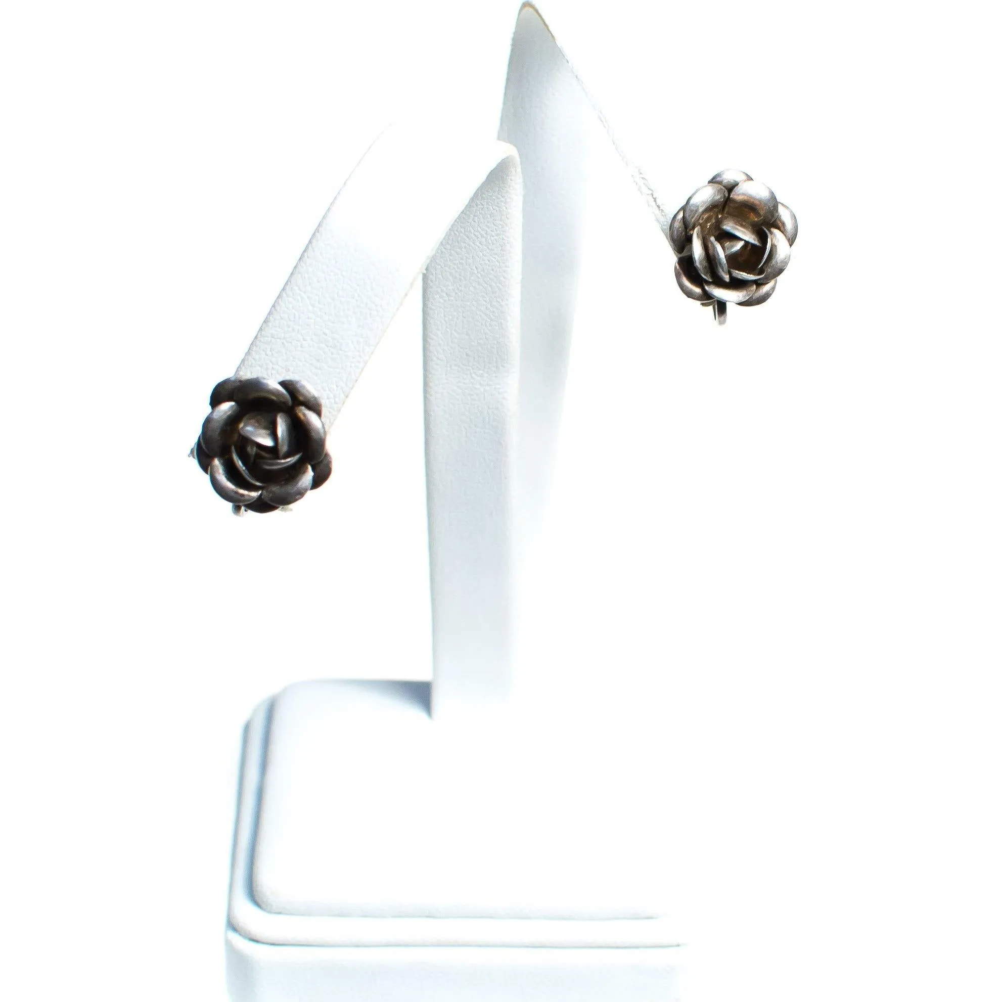 Vintage Sterling Silver Rose Earrings, Screwback