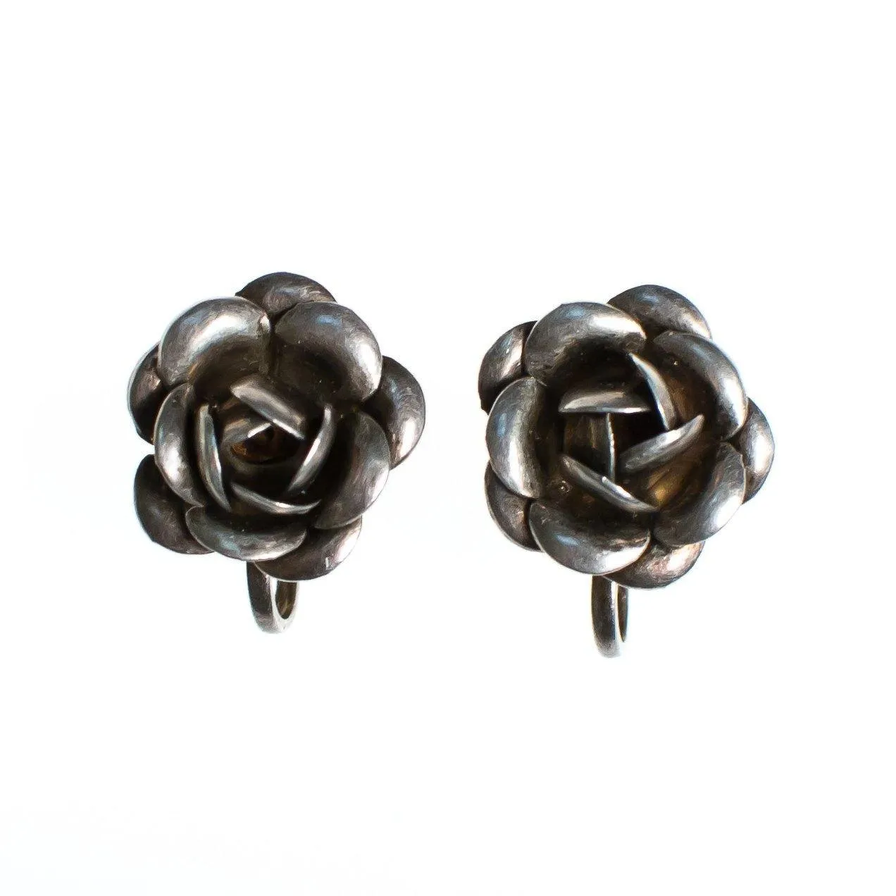 Vintage Sterling Silver Rose Earrings, Screwback