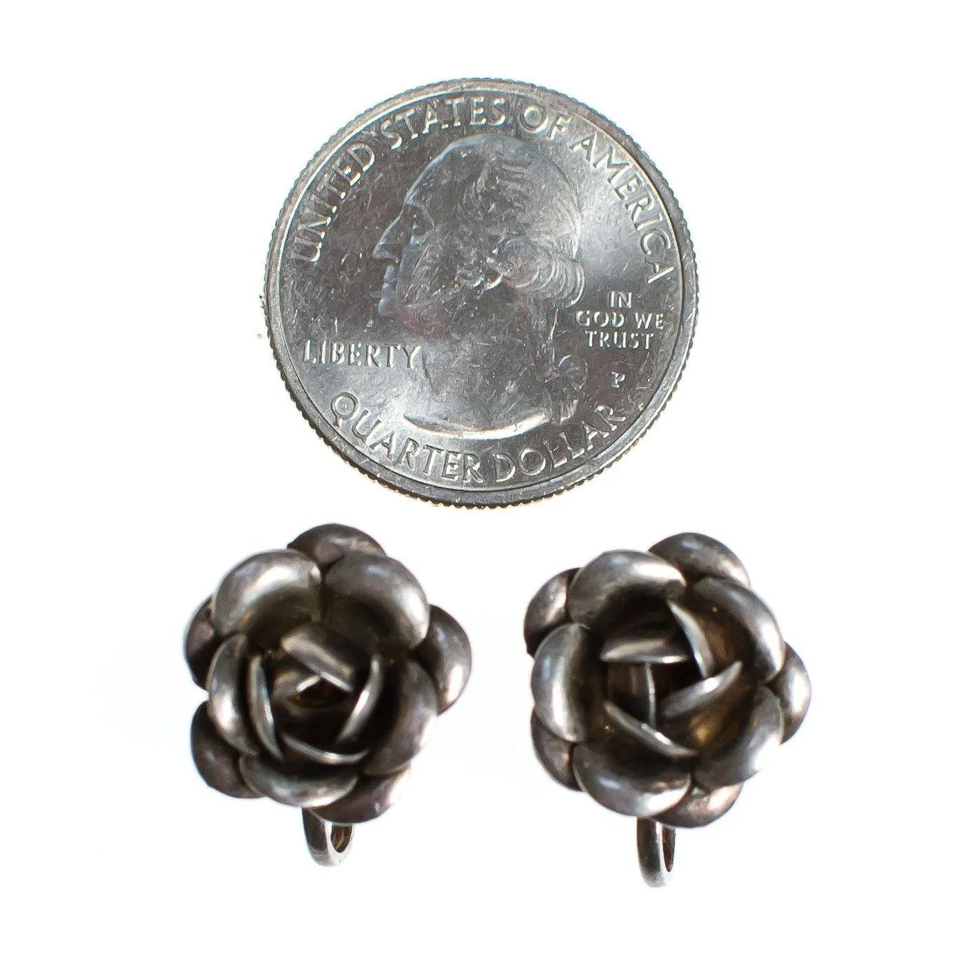 Vintage Sterling Silver Rose Earrings, Screwback