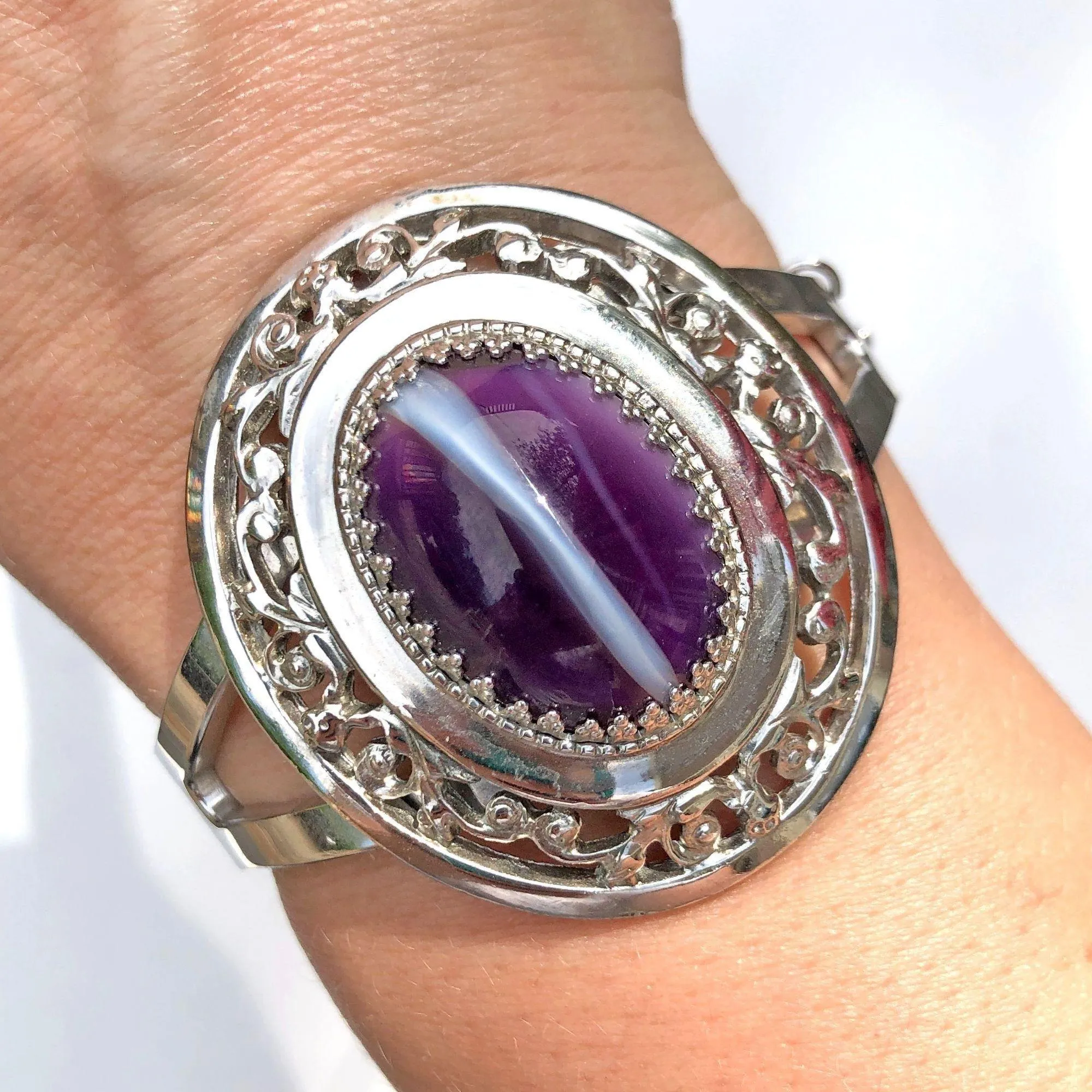 Vintage Whiting and Davis Purple Agate Cuff Bracelet
