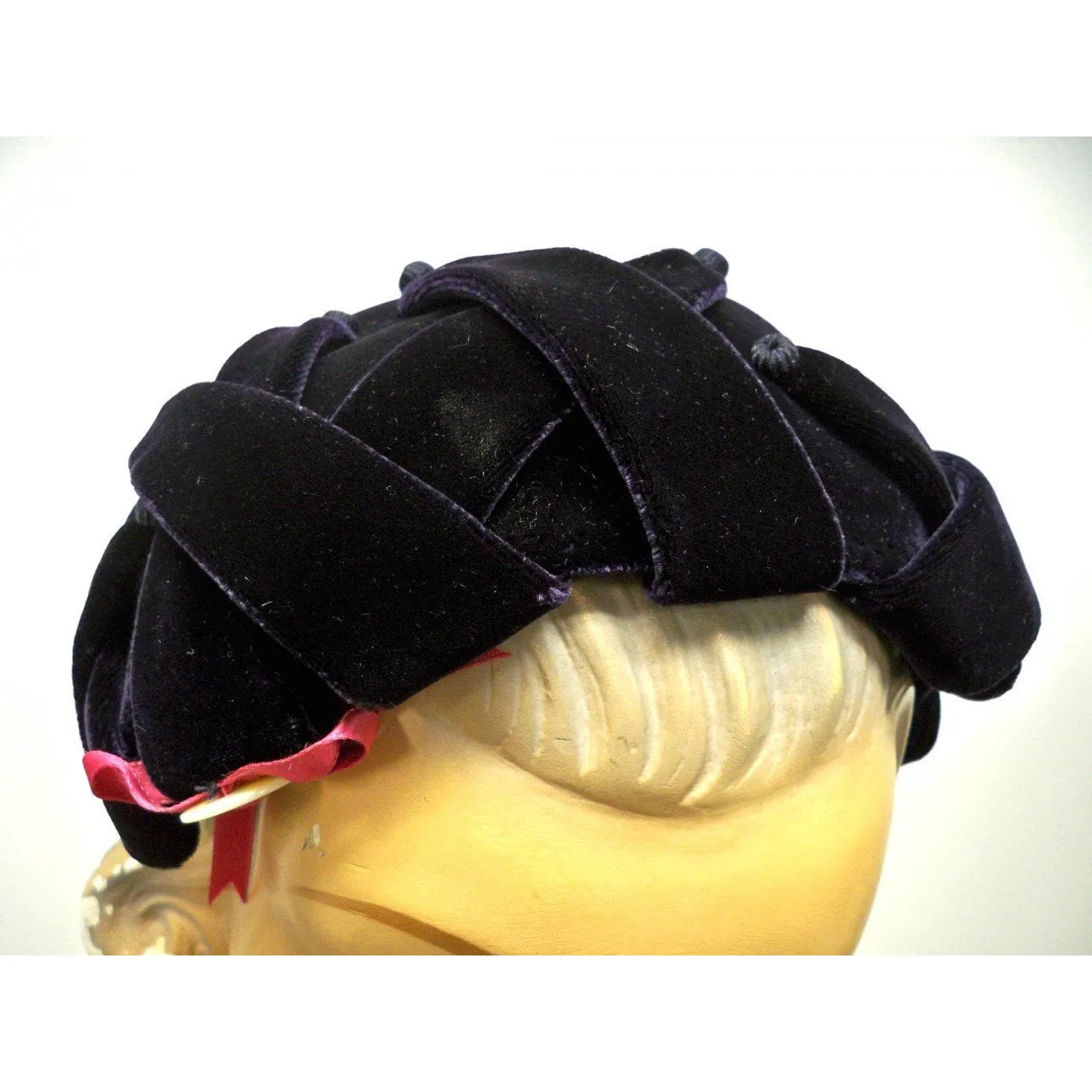 Vintage Womens Cocktail Hat Deep Eggplant Silk Velvet Skull Cap 1950S