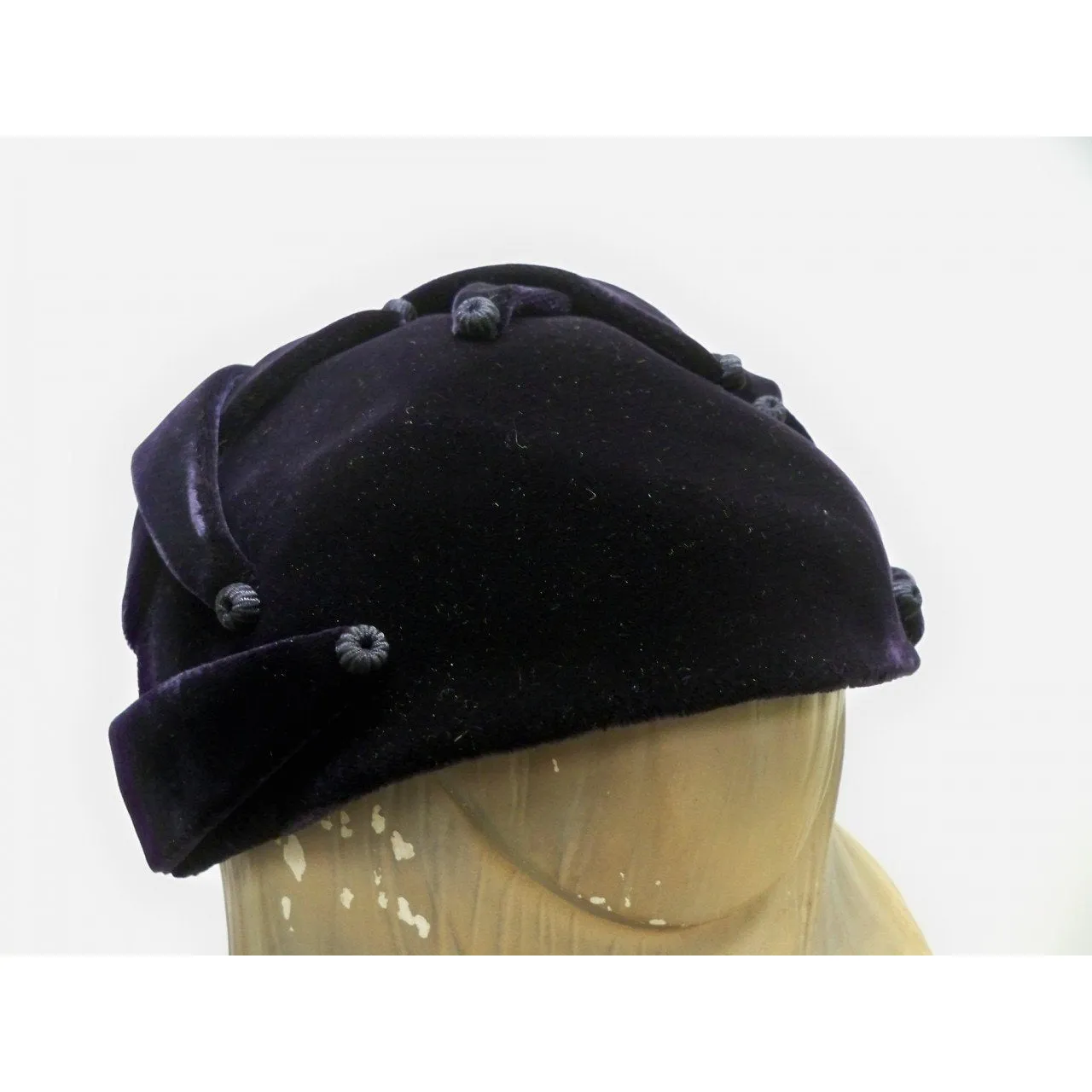 Vintage Womens Cocktail Hat Deep Eggplant Silk Velvet Skull Cap 1950S