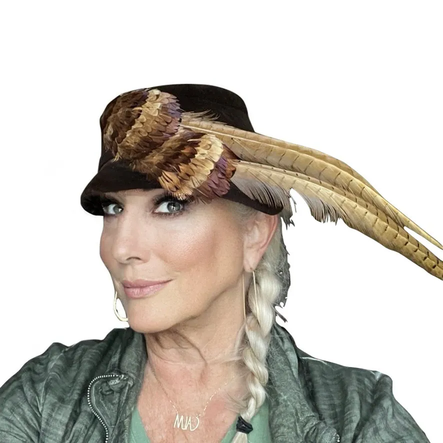 Vintage Womens Hat Roberta Bernays Brown Velour Dramatic Pheasant Feather 1950s