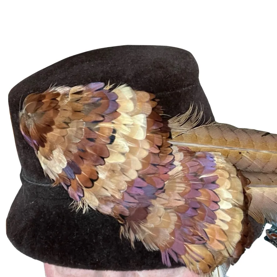 Vintage Womens Hat Roberta Bernays Brown Velour Dramatic Pheasant Feather 1950s
