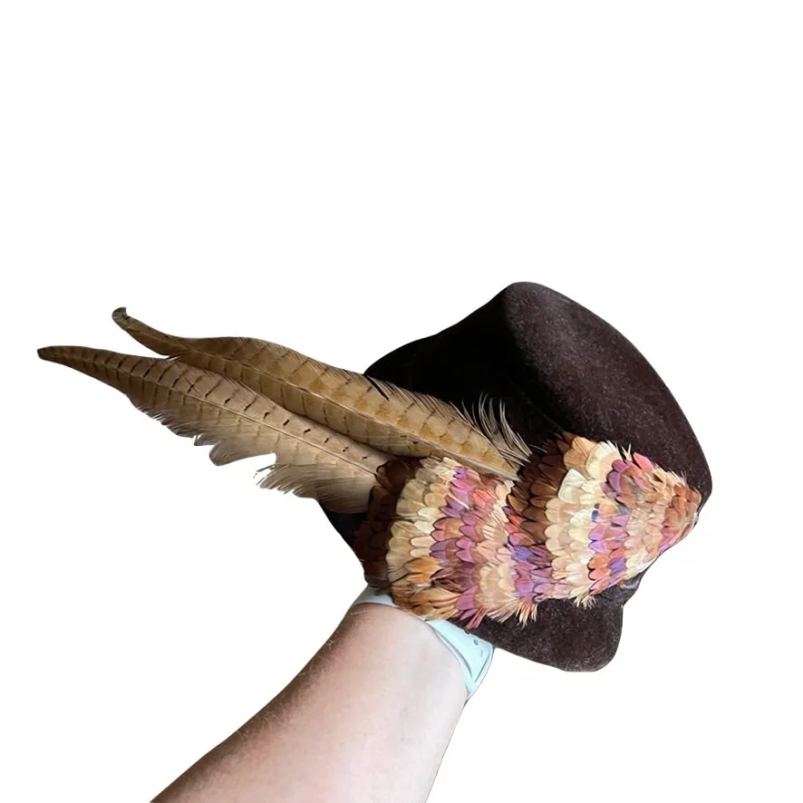 Vintage Womens Hat Roberta Bernays Brown Velour Dramatic Pheasant Feather 1950s