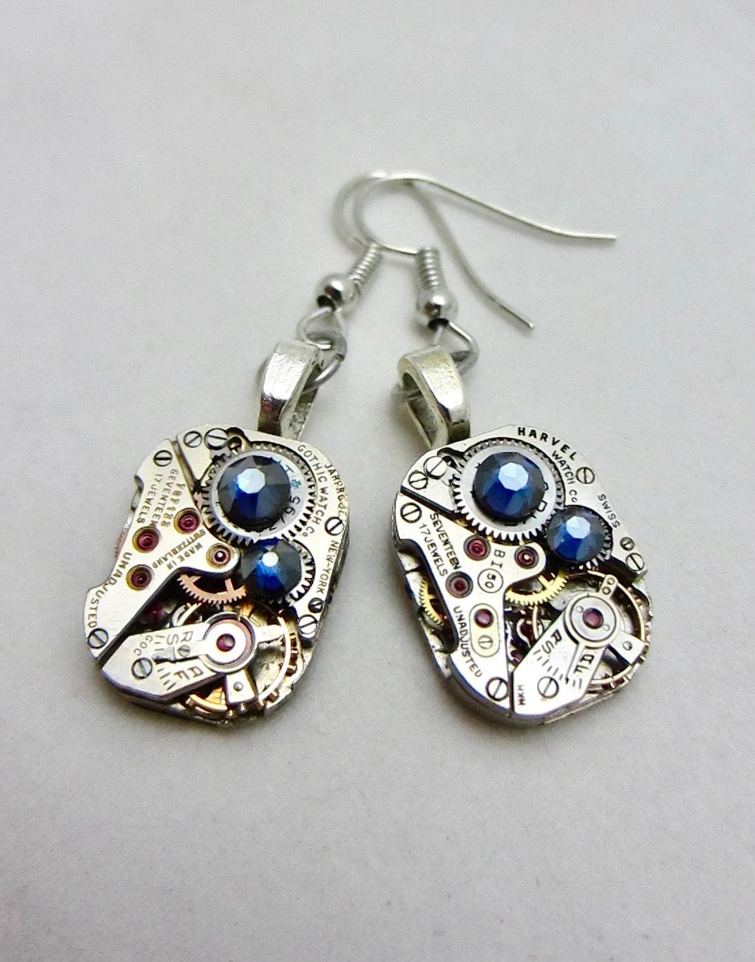Watch movement Earrings Steampunk ear dark Sapphire Steampunk Earrings Birthday Gift for her