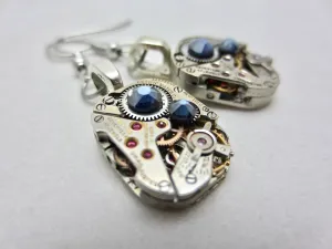 Watch movement Earrings Steampunk ear dark Sapphire Steampunk Earrings Birthday Gift for her