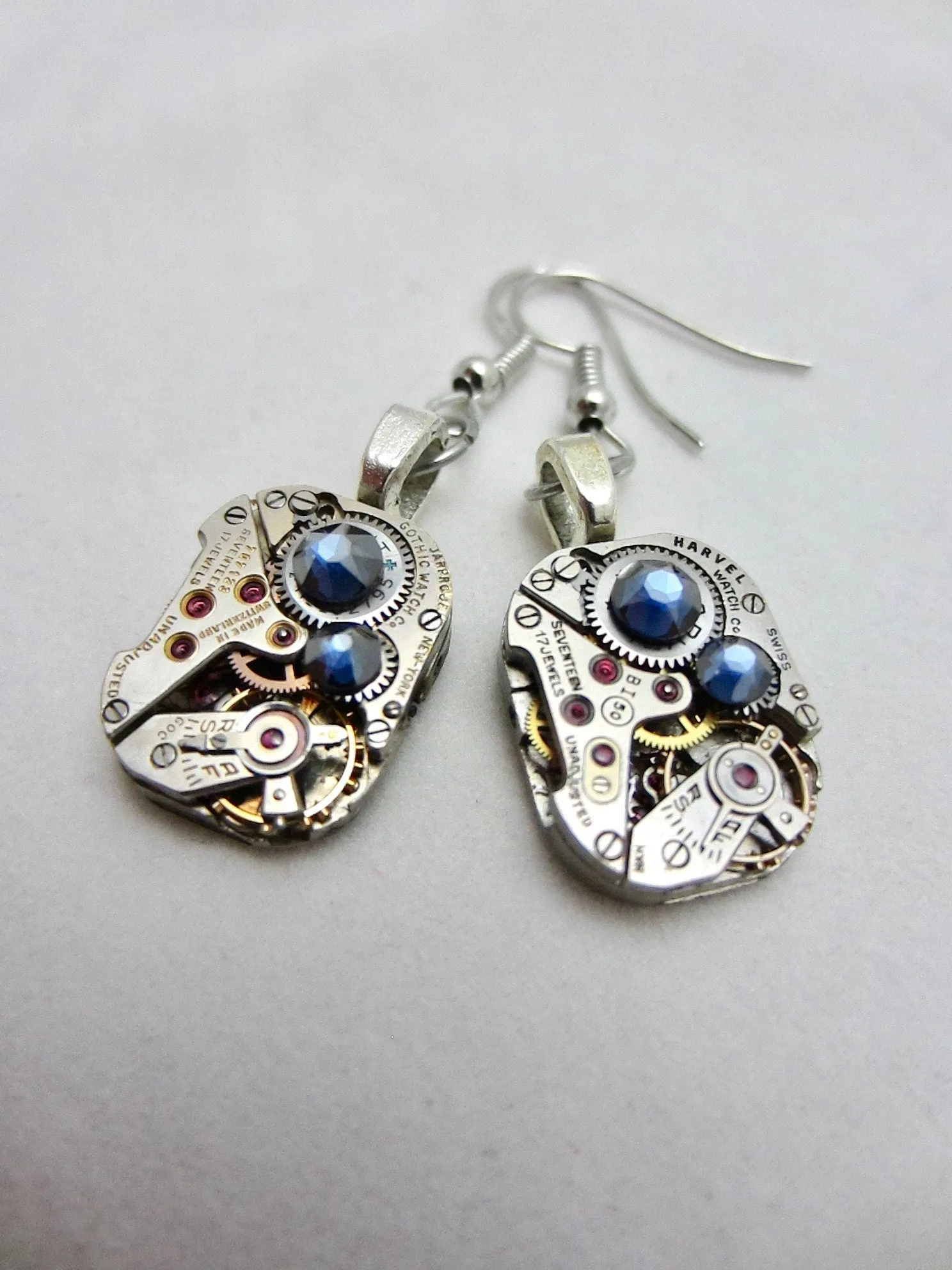 Watch movement Earrings Steampunk ear dark Sapphire Steampunk Earrings Birthday Gift for her