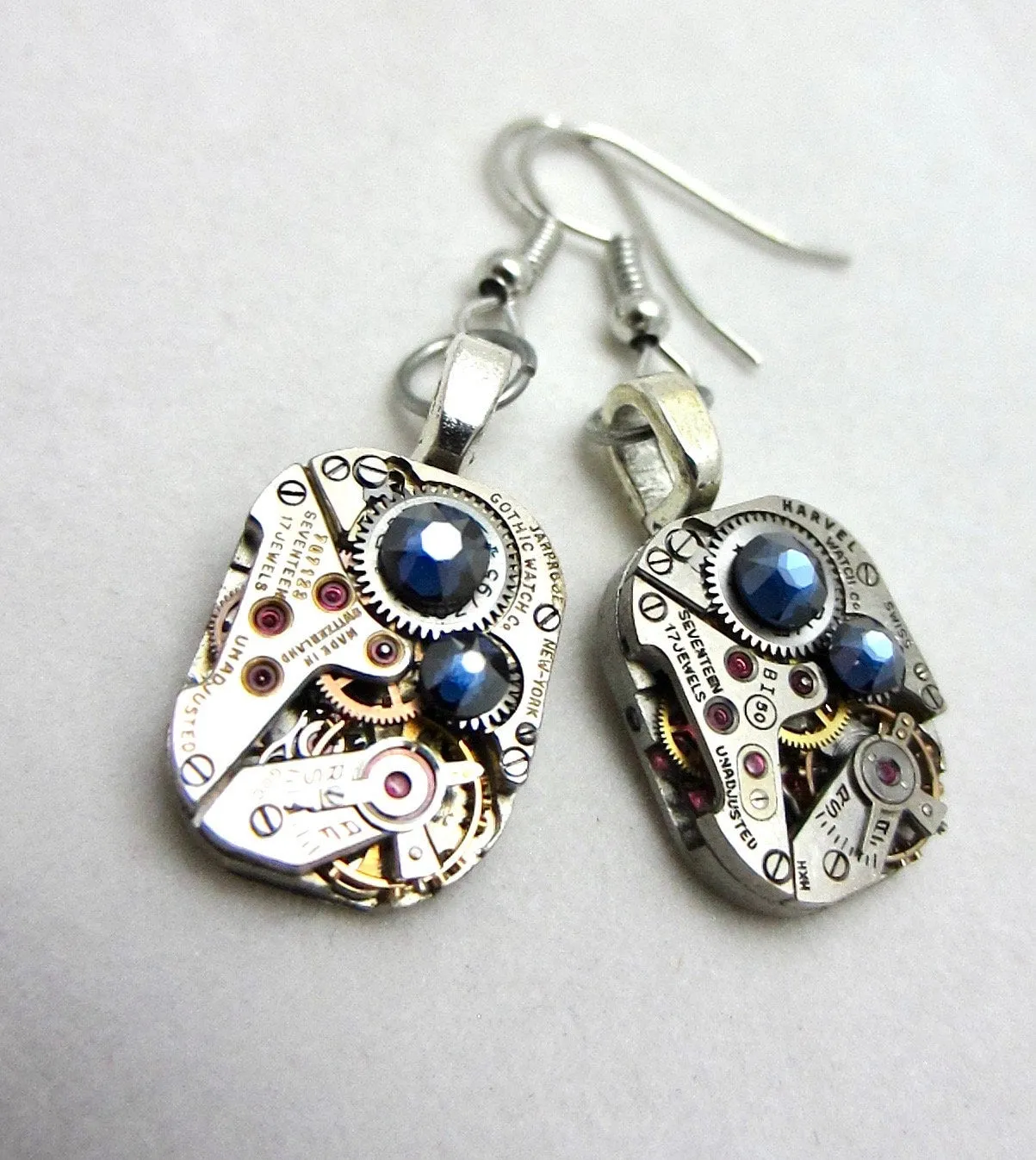 Watch movement Earrings Steampunk ear dark Sapphire Steampunk Earrings Birthday Gift for her