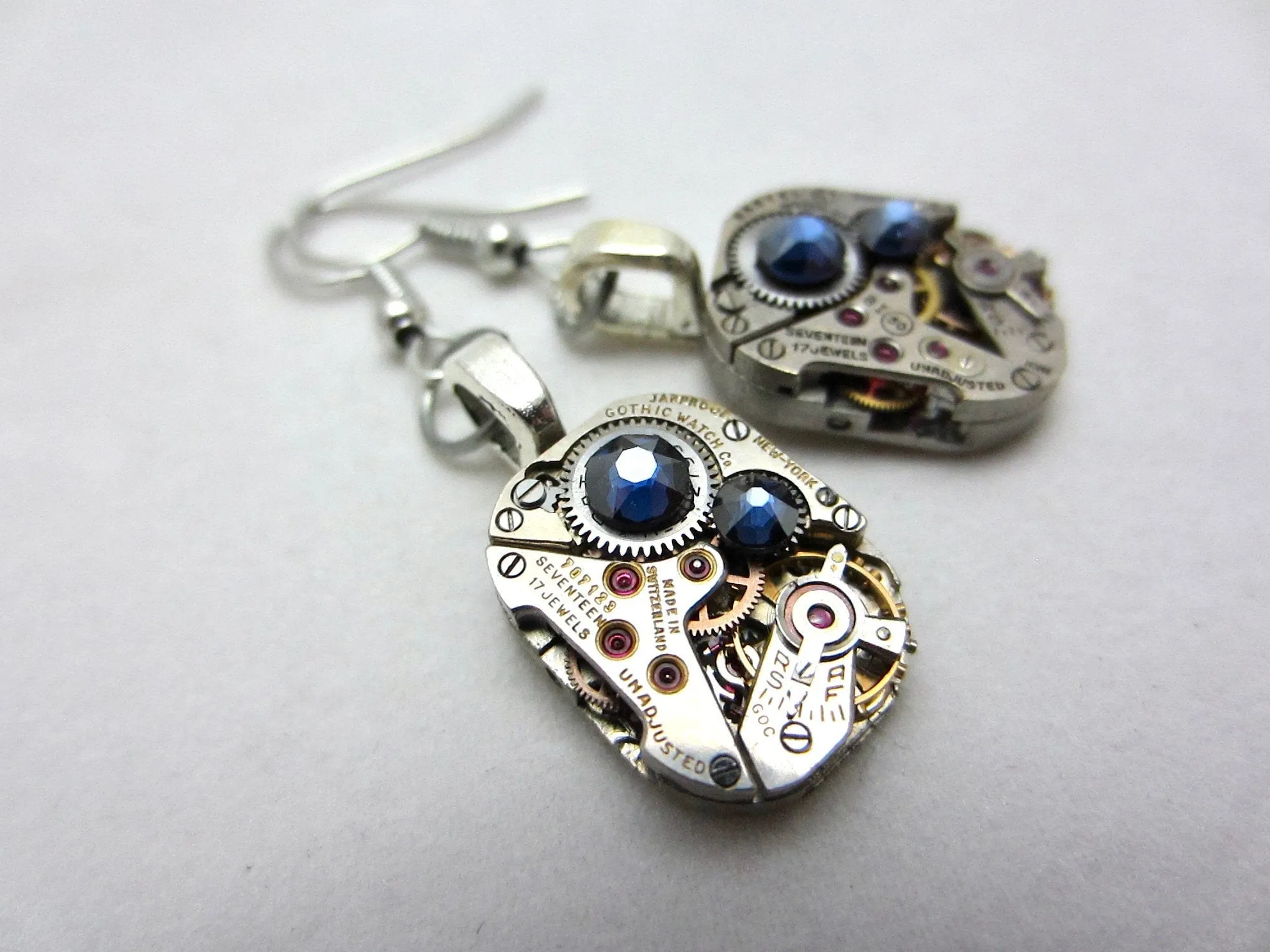 Watch movement Earrings Steampunk ear dark Sapphire Steampunk Earrings Birthday Gift for her