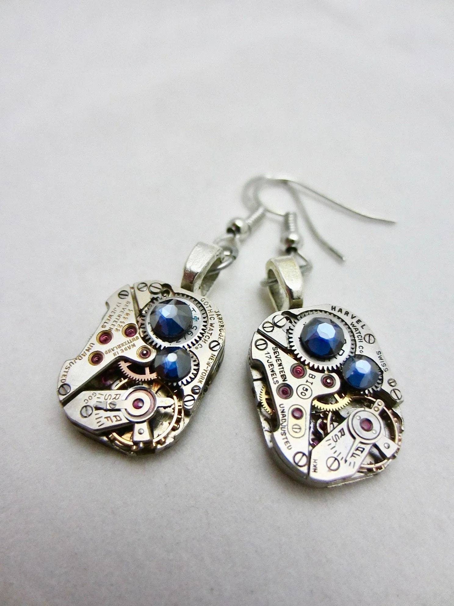 Watch movement Earrings Steampunk ear dark Sapphire Steampunk Earrings Birthday Gift for her