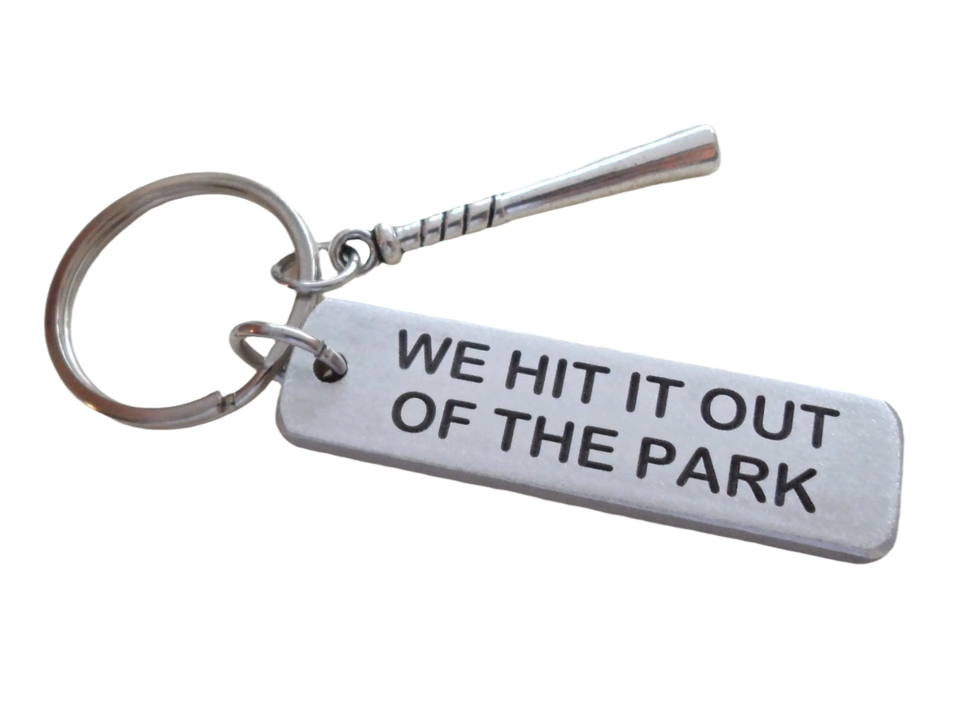 We Hit It Out of the Park Engraved Aluminum Tag Keychain with Baseball Bat; 10 Year Anniversary Couples Keychain