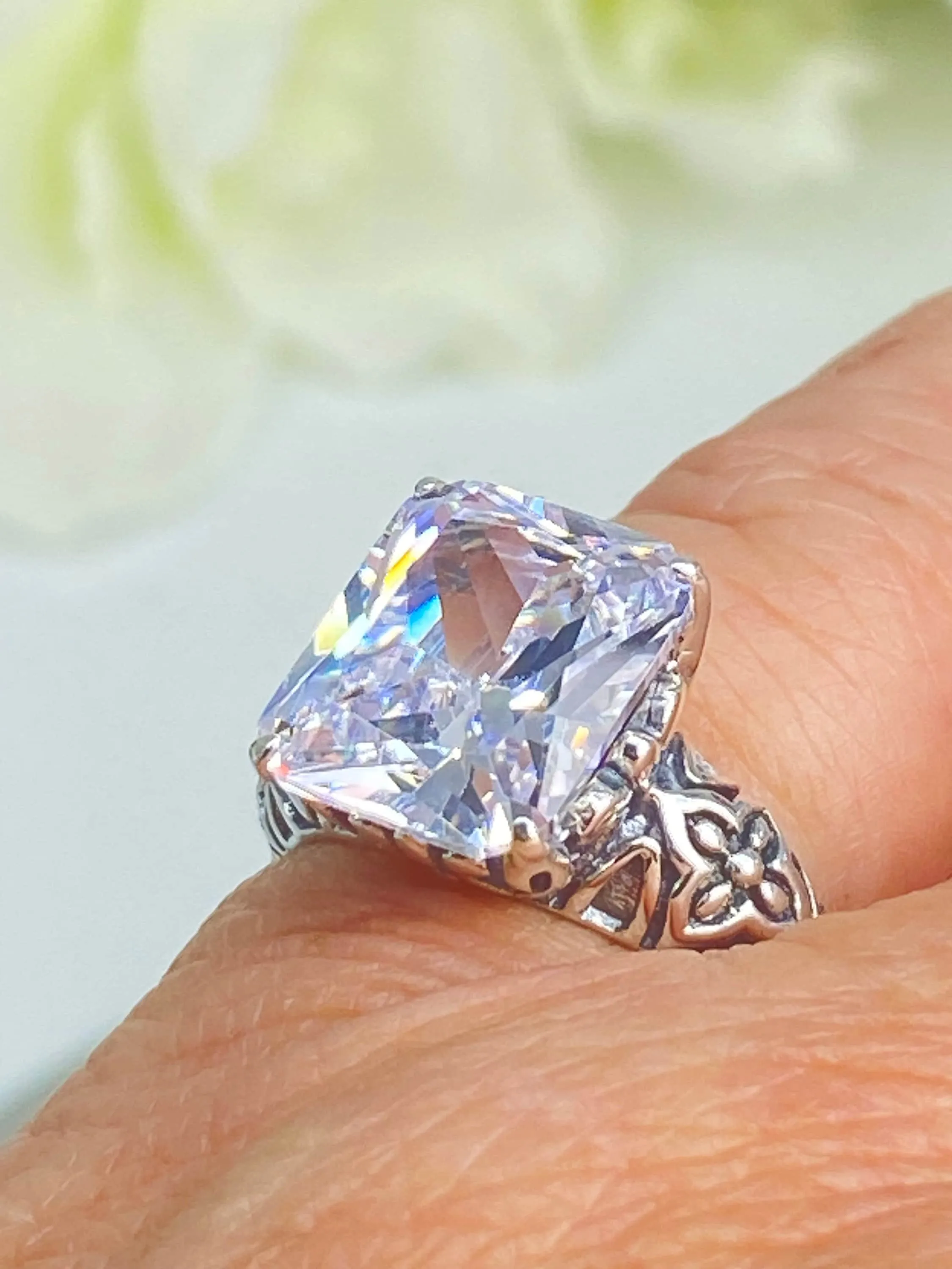 White CZ Ring, Size 7, 3ct White CZ Gem, Gothic Cross Filigree Ring, D107 - Ready to Ship