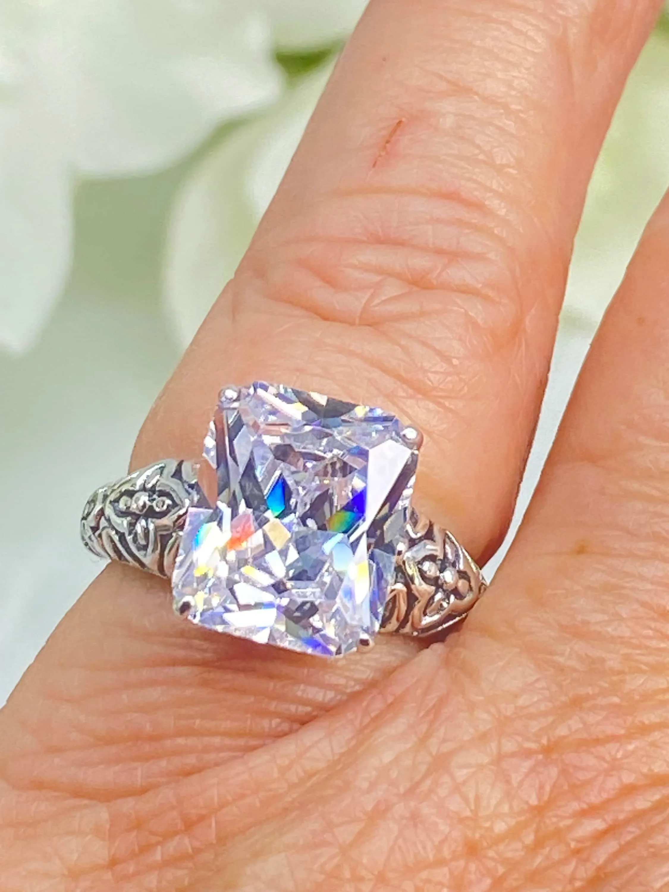 White CZ Ring, Size 7, 3ct White CZ Gem, Gothic Cross Filigree Ring, D107 - Ready to Ship