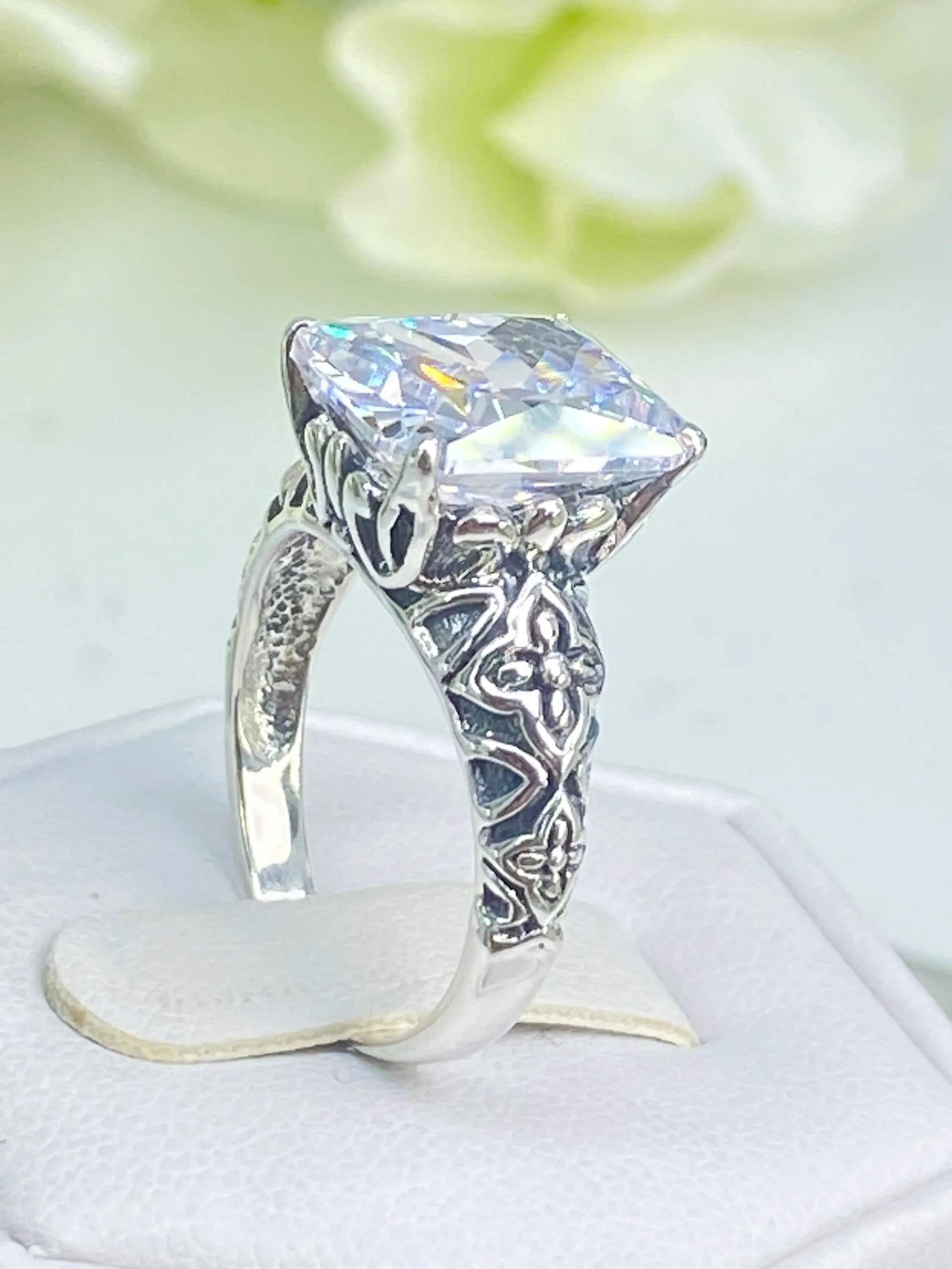 White CZ Ring, Size 7, 3ct White CZ Gem, Gothic Cross Filigree Ring, D107 - Ready to Ship