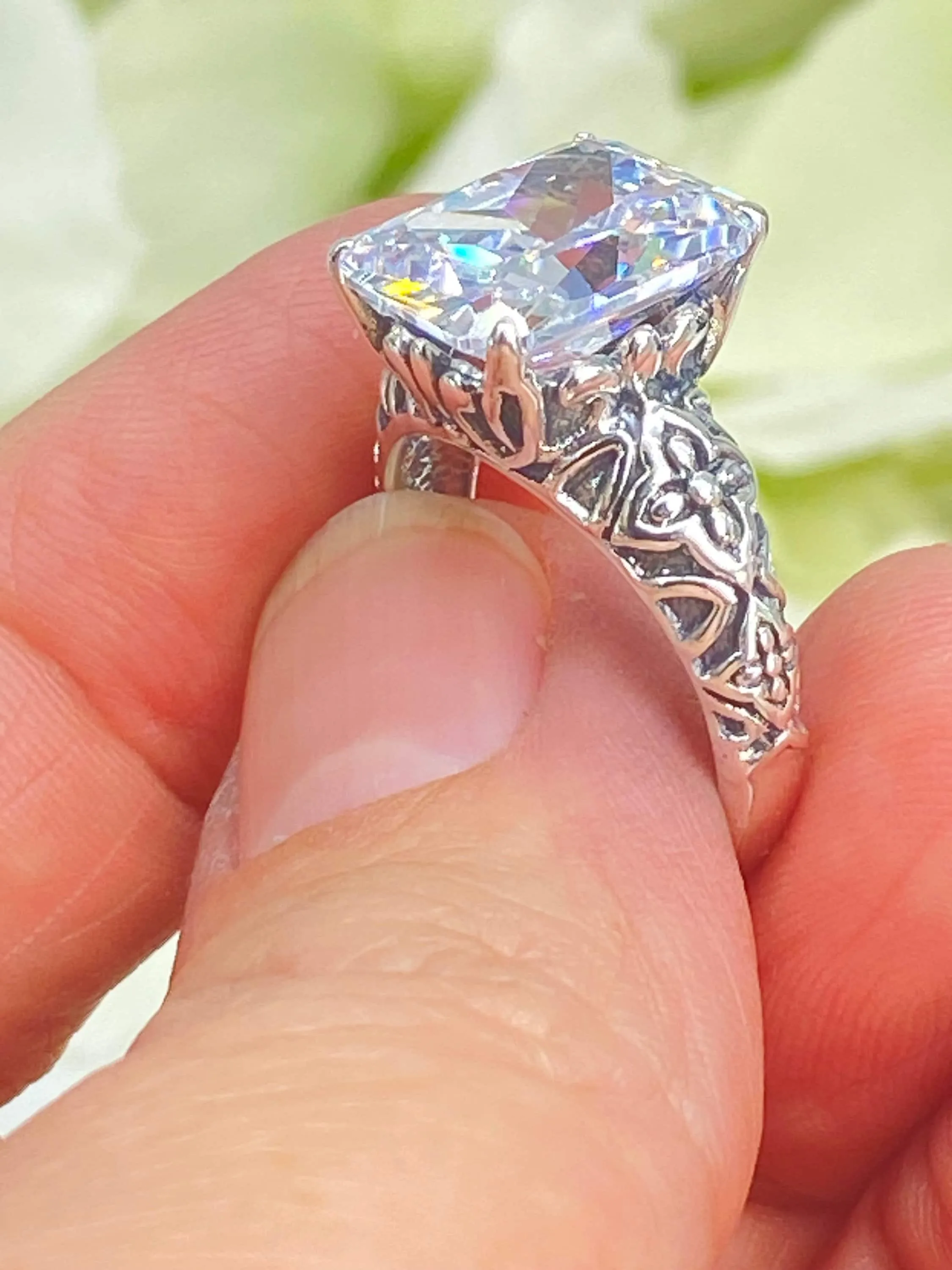 White CZ Ring, Size 7, 3ct White CZ Gem, Gothic Cross Filigree Ring, D107 - Ready to Ship