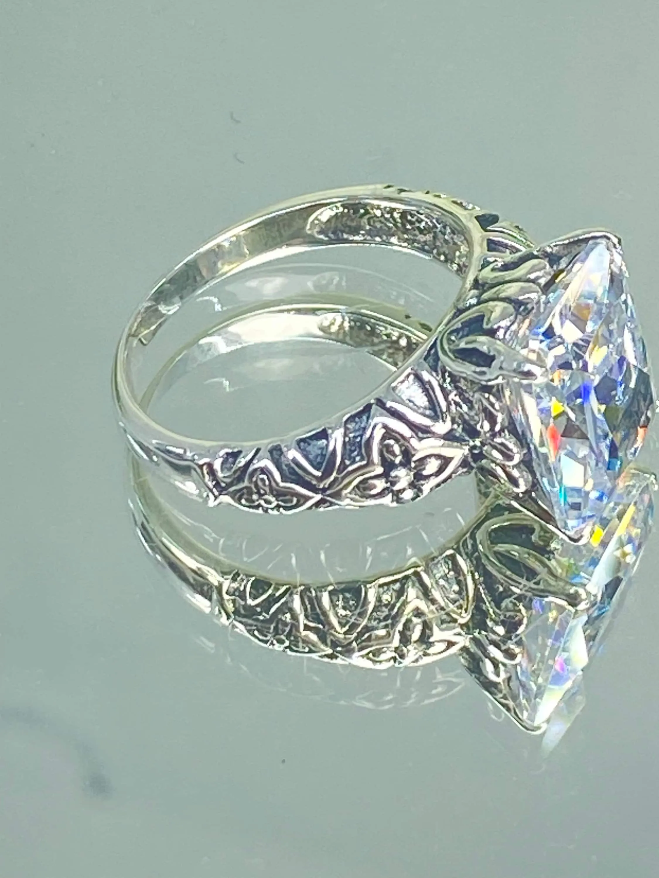 White CZ Ring, Size 7, 3ct White CZ Gem, Gothic Cross Filigree Ring, D107 - Ready to Ship