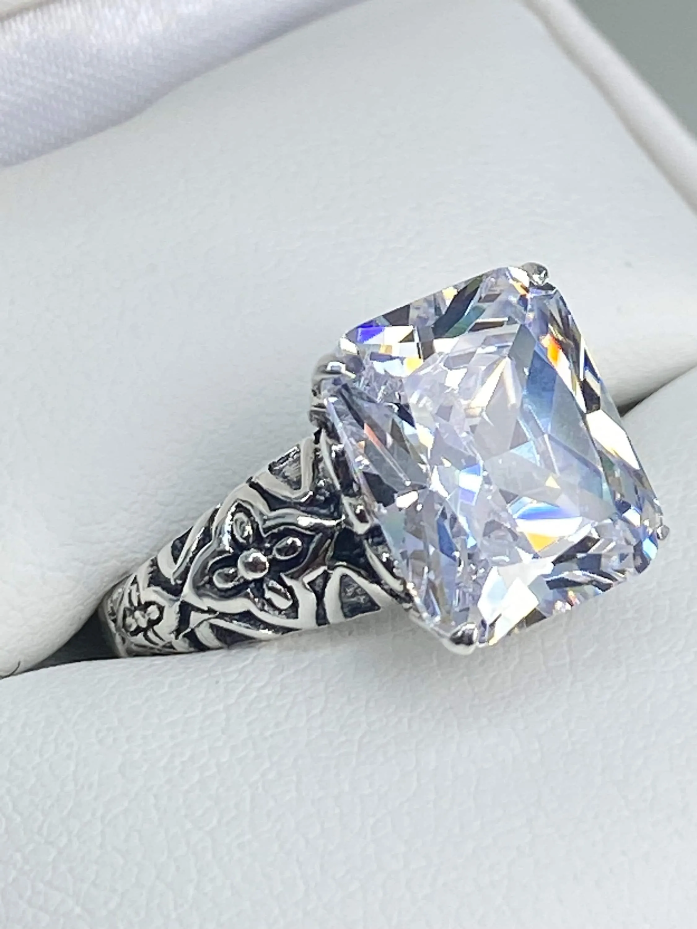 White CZ Ring, Size 7, 3ct White CZ Gem, Gothic Cross Filigree Ring, D107 - Ready to Ship