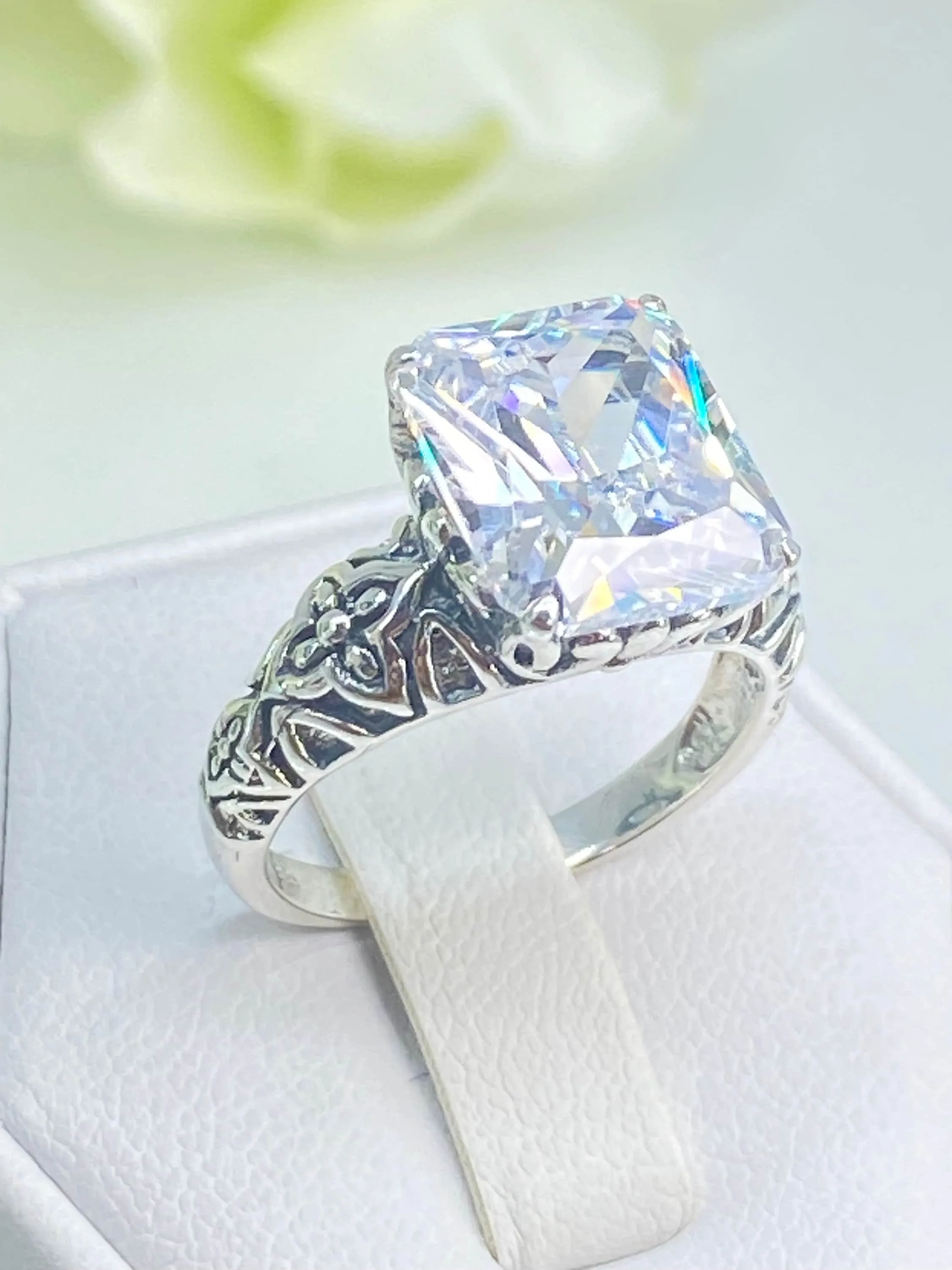 White CZ Ring, Size 7, 3ct White CZ Gem, Gothic Cross Filigree Ring, D107 - Ready to Ship