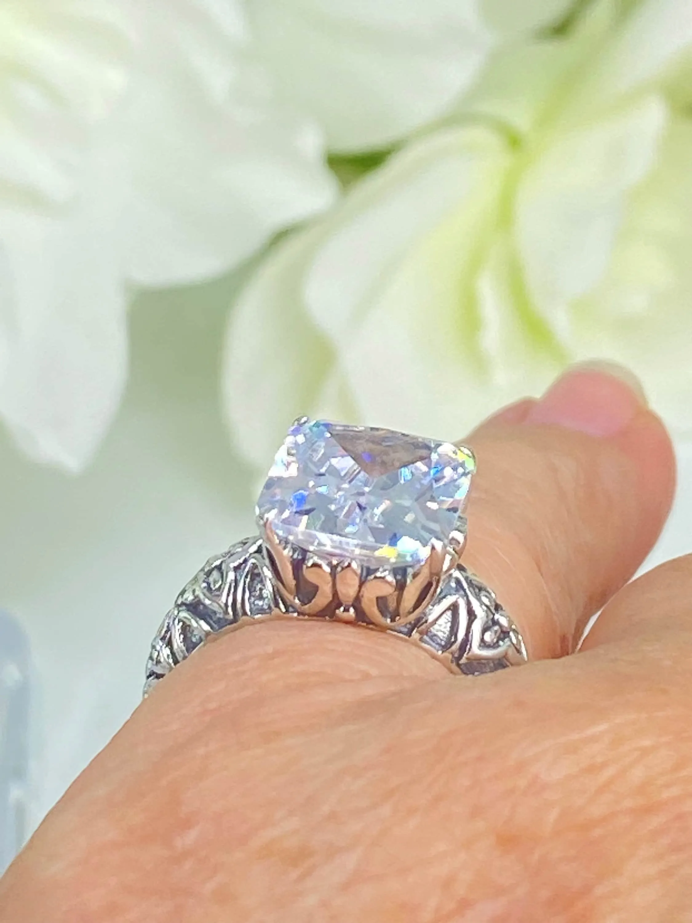 White CZ Ring, Size 7, 3ct White CZ Gem, Gothic Cross Filigree Ring, D107 - Ready to Ship