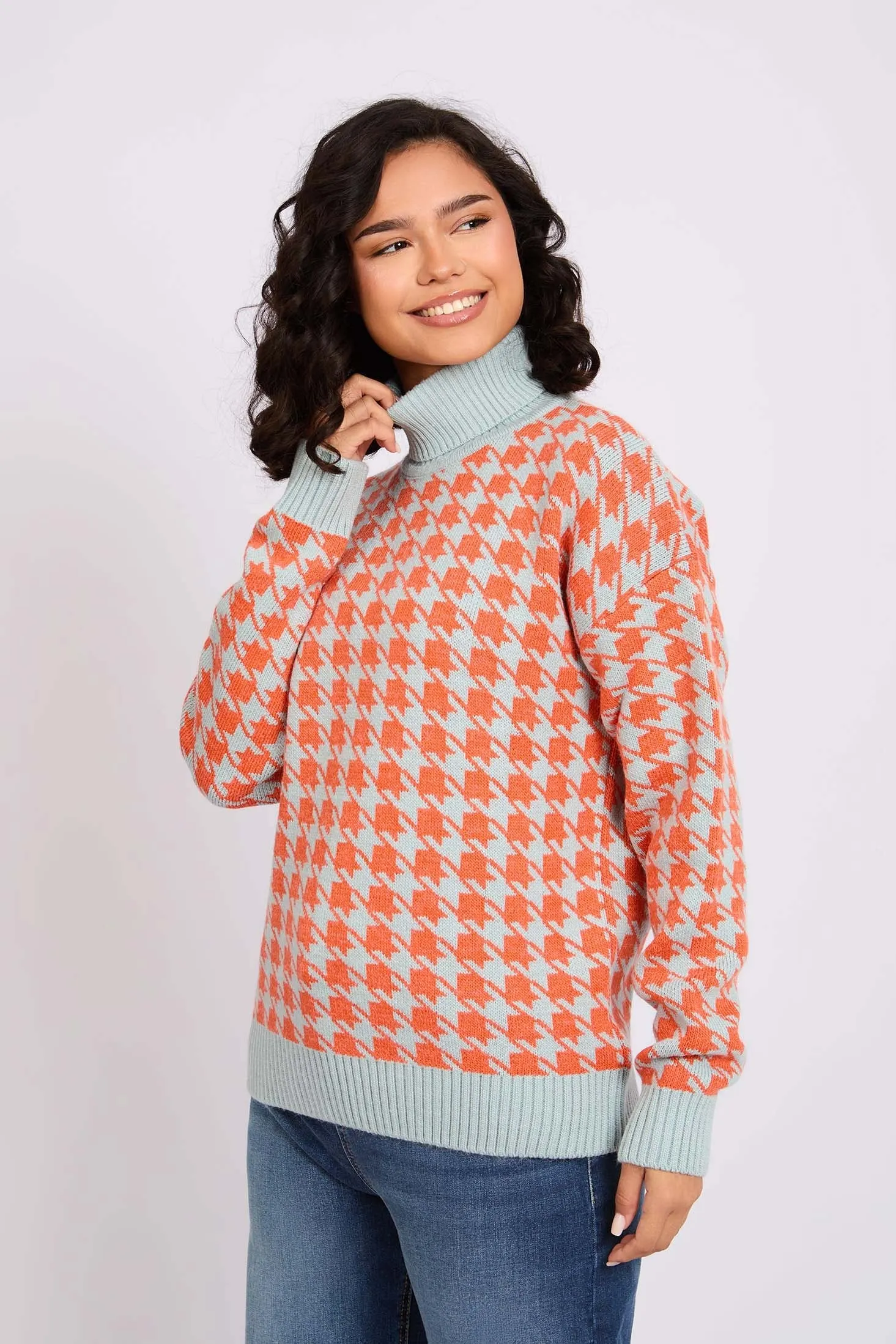Women Pullover Loose Fit High Neck Grey