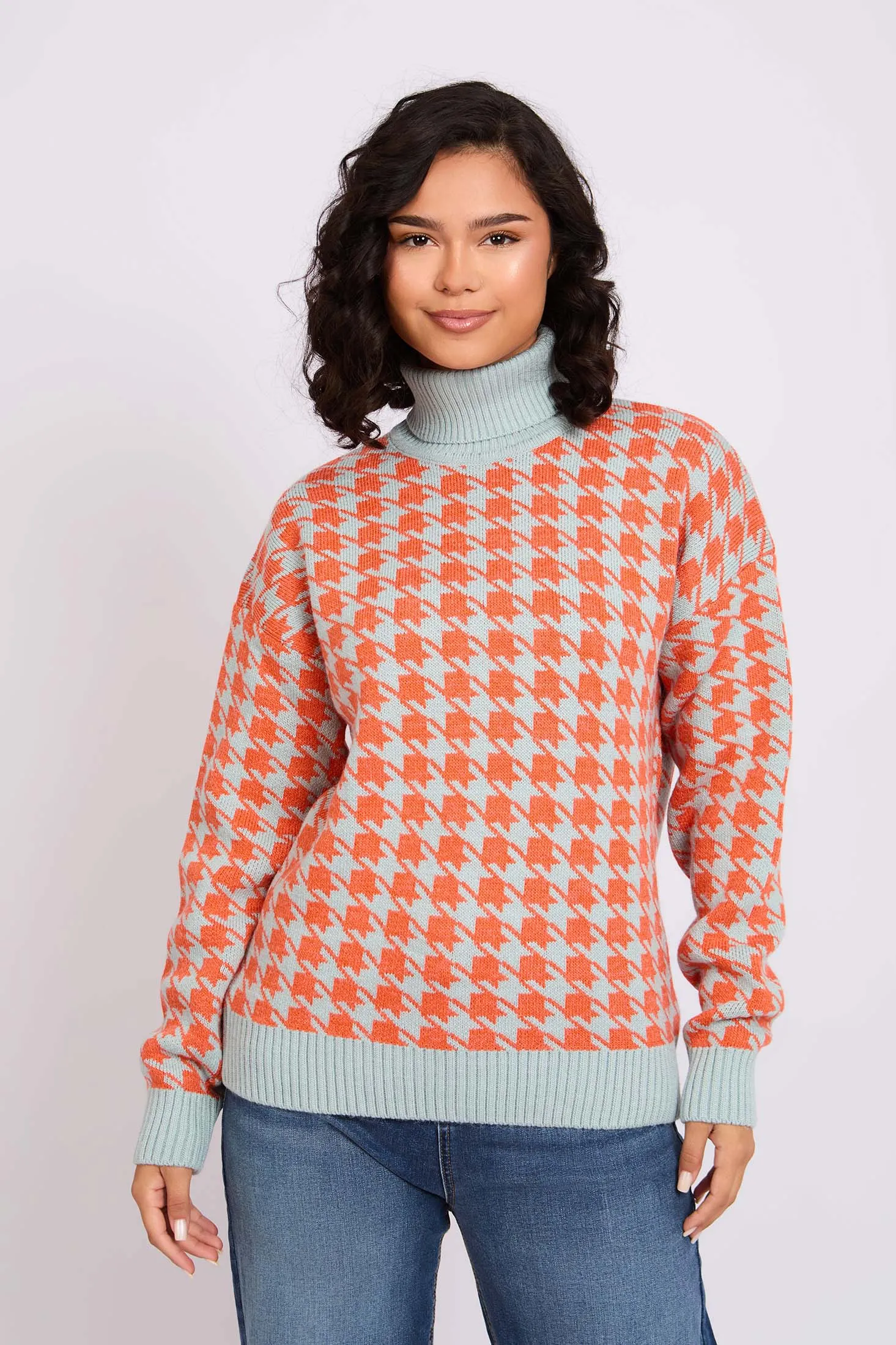 Women Pullover Loose Fit High Neck Grey