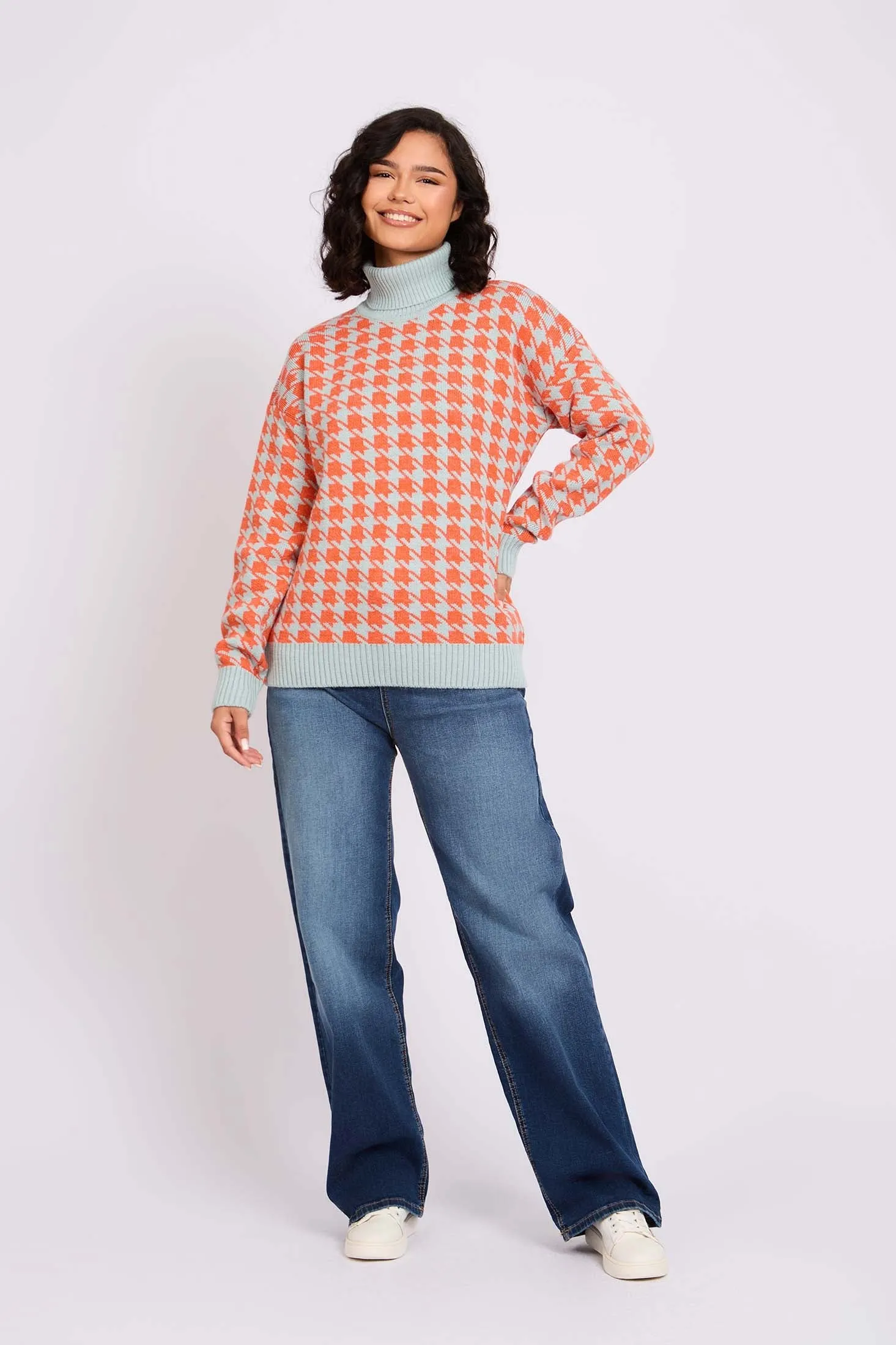 Women Pullover Loose Fit High Neck Grey