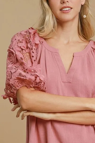 Won't Deny It Linen Boxy Cut Top with 3D Floral Sleeve in Dusty Pink - Misses and Curvy