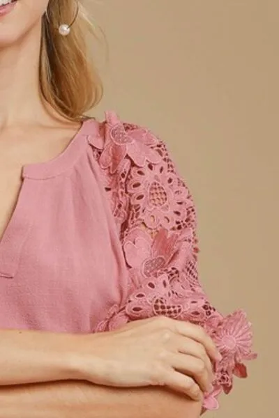 Won't Deny It Linen Boxy Cut Top with 3D Floral Sleeve in Dusty Pink - Misses and Curvy