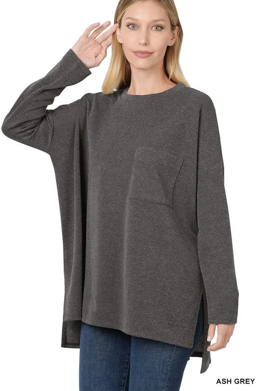 ZENANA Melange Jacquard Round Neck Hi-Low Hem Top