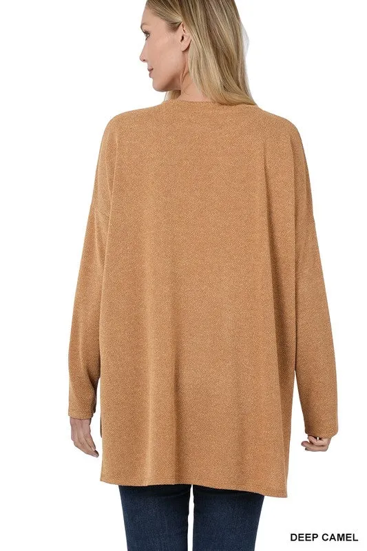 ZENANA Melange Jacquard Round Neck Hi-Low Hem Top
